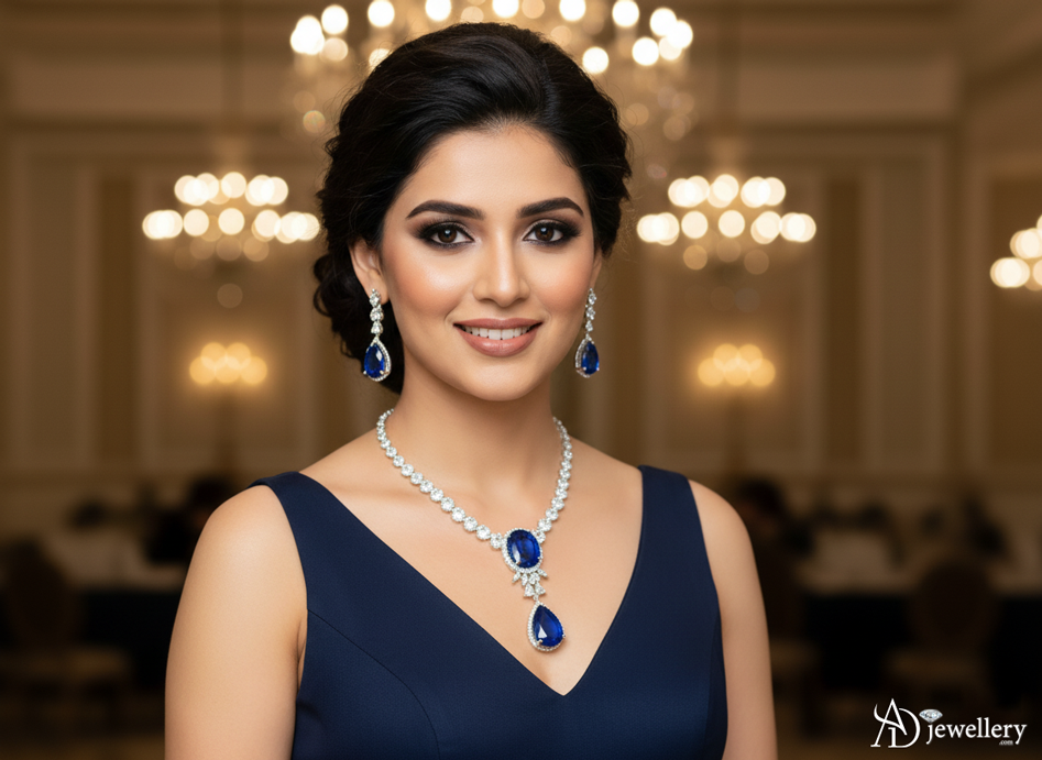 ADjewellery Rhodium Plated CZ (Cubic Zirconia) Royal Sapphire Teardrop Necklace Set