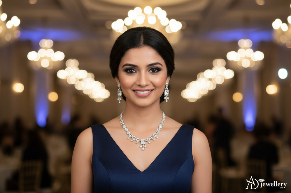 ADjewellery Rhodium Plated CZ (Cubic Zirconia) Victorian Elegance Halo-Set Chandelier Necklace Set