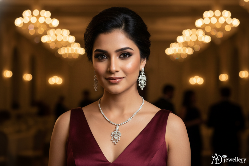 ADjewellery Rhodium Plated CZ (Cubic Zirconia) Grand Chandelier Ornate Pave Necklace Set