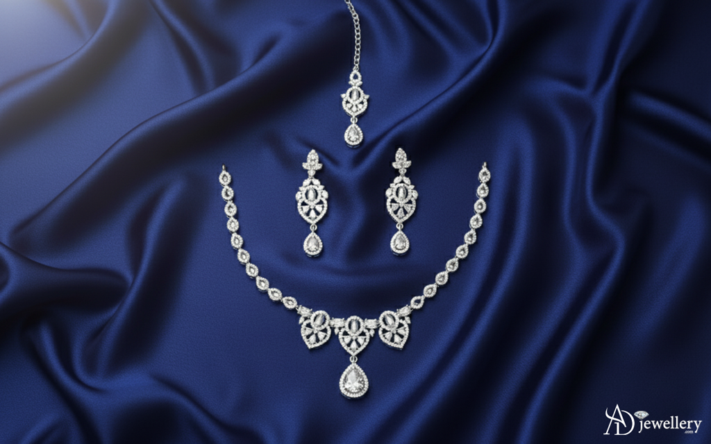 ADjewellery Rhodium Plated CZ (Cubic Zirconia) Royal Bloom  Bridal Choker Set with Tikka