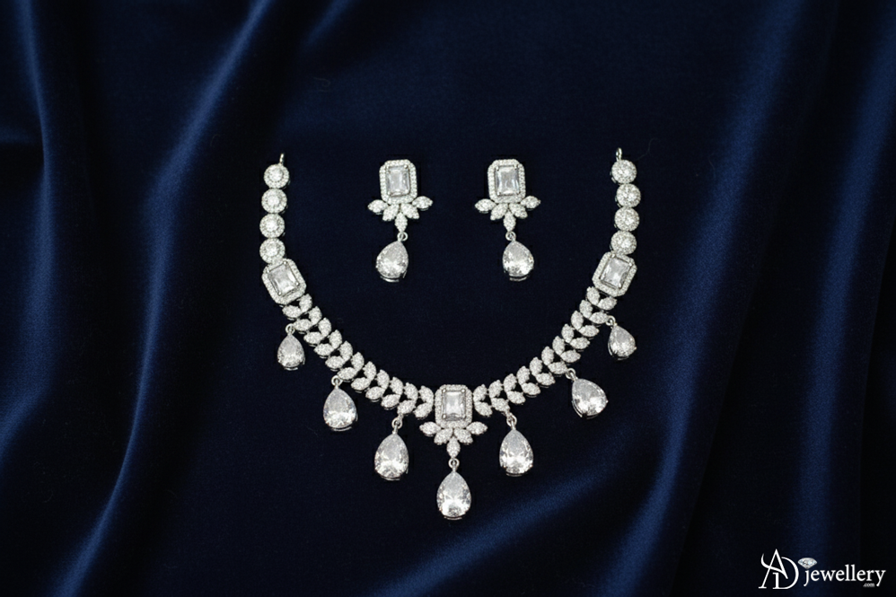 ADjewellery Rhodium Plated CZ (Cubic Zirconia) Regent's Radiance Emerald-Cut & Teardrop Necklace Set