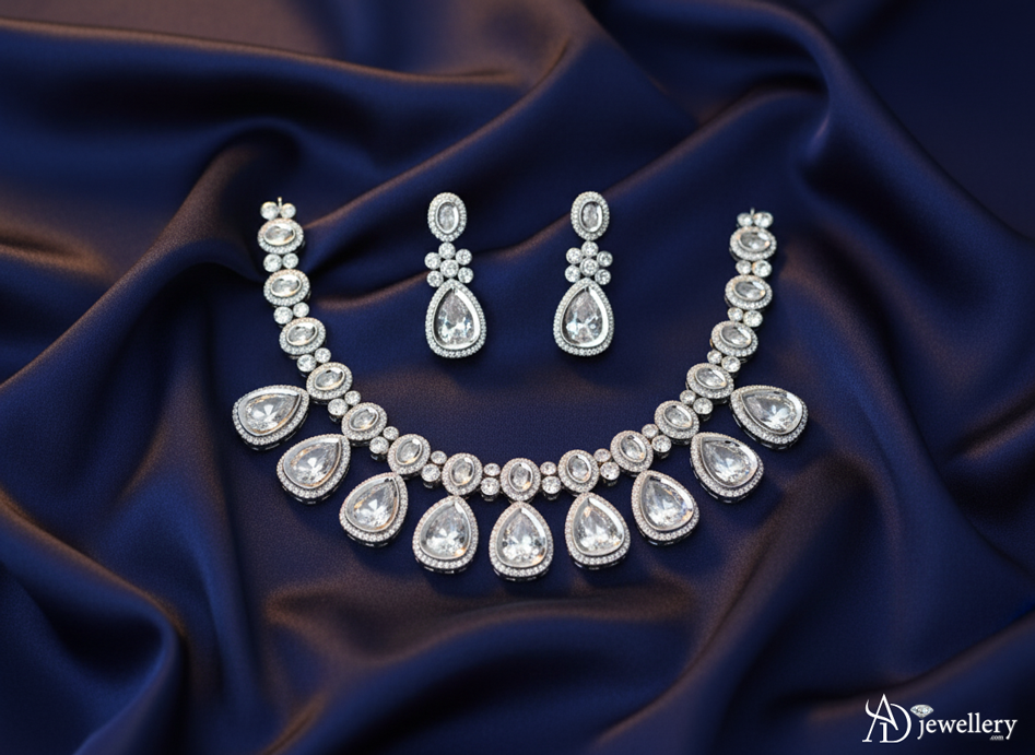 ADjewellery Rhodium Plated CZ (Cubic Zirconia) Teardrop American Diamond Bridal Necklace Set