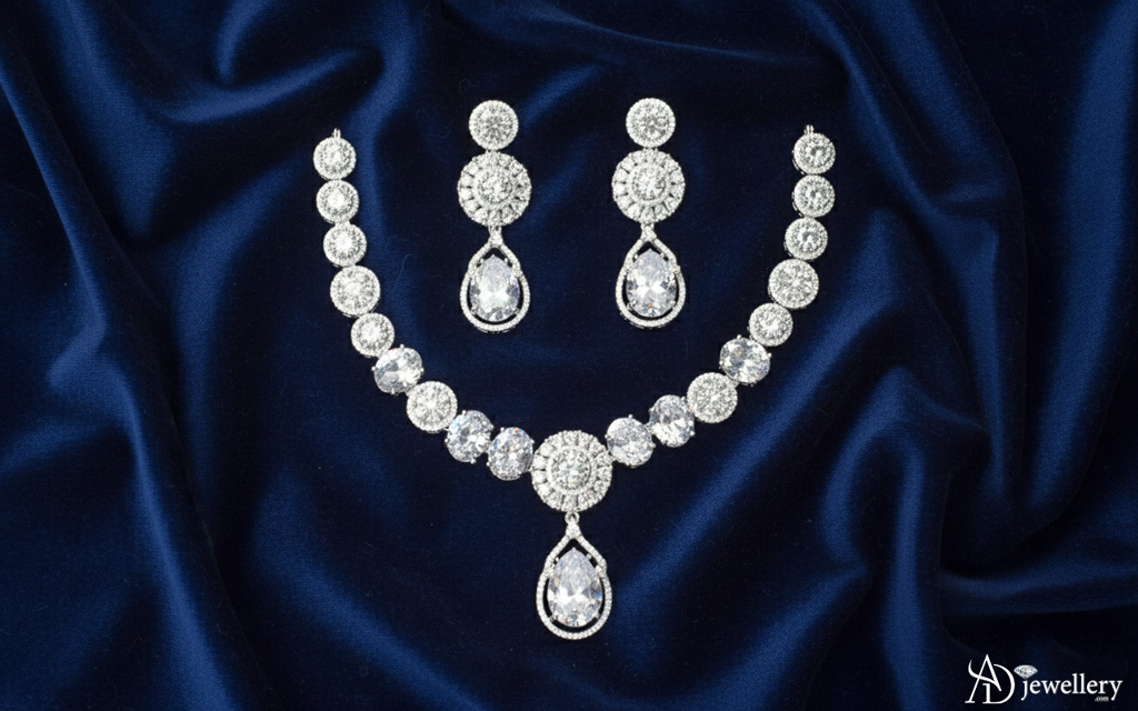 ADjewellery Rhodium Plated CZ (Cubic Zirconia) Classic Halo & Teardrop Bridal Statement Necklace Set