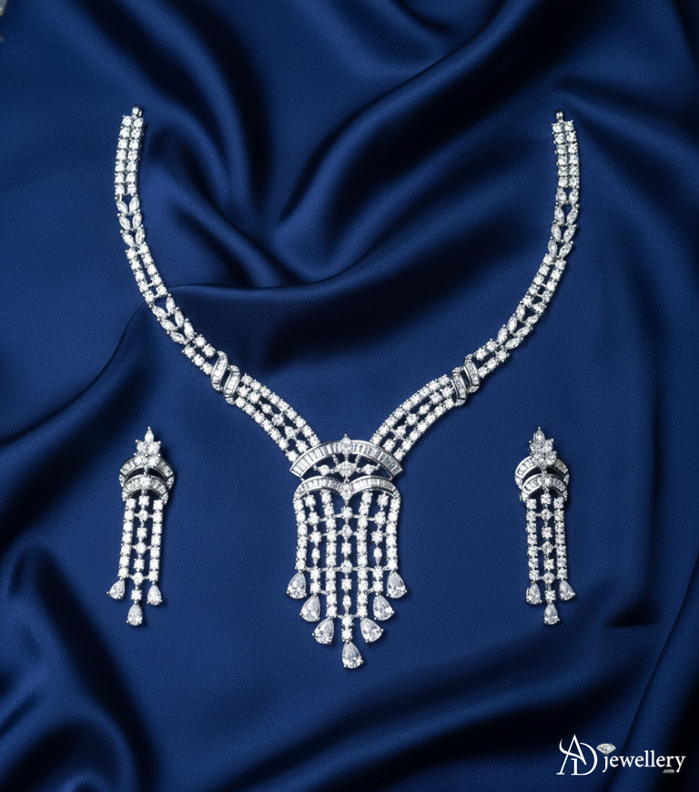 ADjewellery Rhodium Plated CZ (Cubic Zirconia) Majestic Tassel Baguette Choker with earing Set