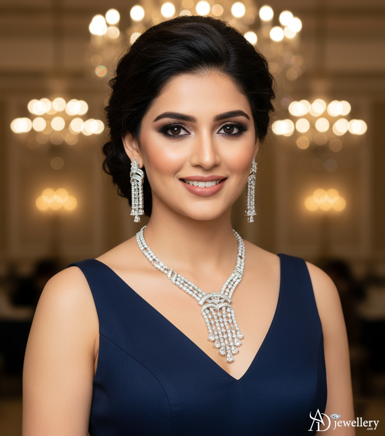 ADjewellery Rhodium Plated CZ (Cubic Zirconia) Majestic Tassel Baguette Choker with earing Set