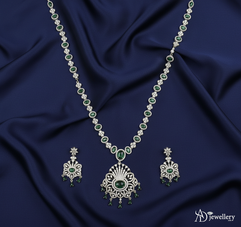 ADjewellery Rhodium Plated CZ (Cubic Zirconia) Maharani Emerald & Diamond Look Long Necklace Set