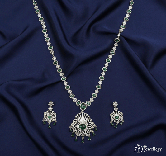 ADjewellery Rhodium Plated CZ (Cubic Zirconia) Maharani Emerald & Diamond Look Long Necklace Set