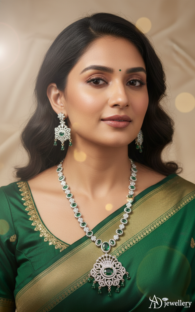 ADjewellery Rhodium Plated CZ (Cubic Zirconia) Maharani Emerald & Diamond Look Long Necklace Set