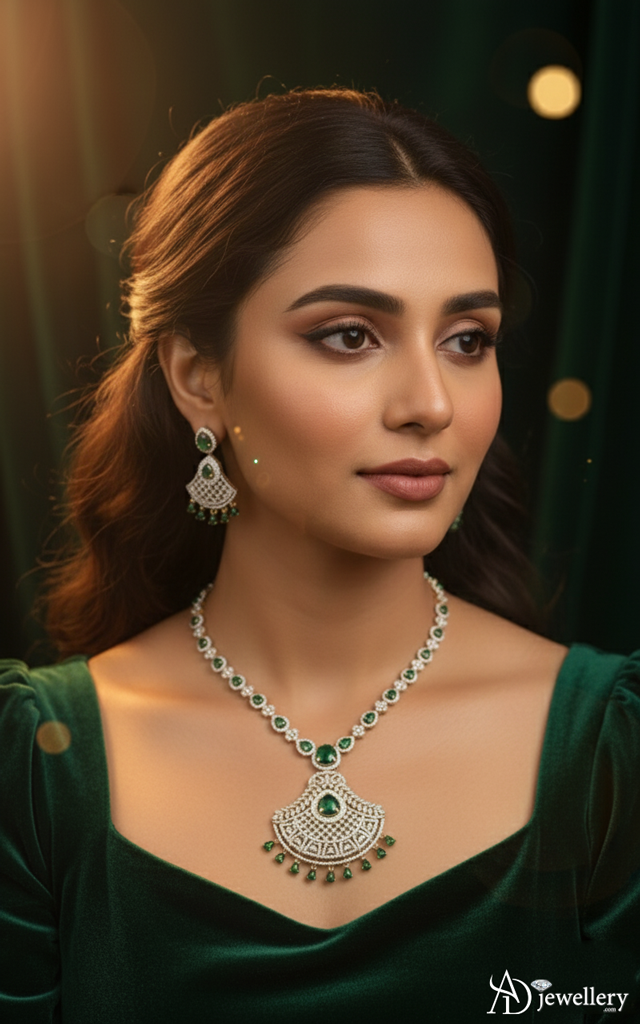 ADjewellery Rhodium Plated CZ (Cubic Zirconia) Emerald Elegance Diamond Necklace Set