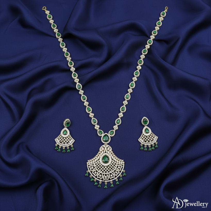 ADjewellery Rhodium Plated CZ (Cubic Zirconia) Emerald Elegance Diamond Necklace Set