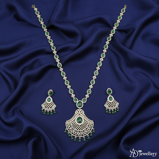 ADjewellery Rhodium Plated CZ (Cubic Zirconia) Emerald Elegance Diamond Necklace Set