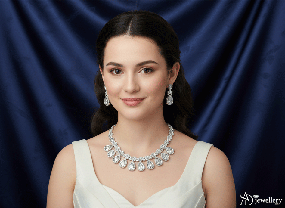 ADjewellery Rhodium Plated CZ (Cubic Zirconia) Teardrop American Diamond Bridal Necklace Set